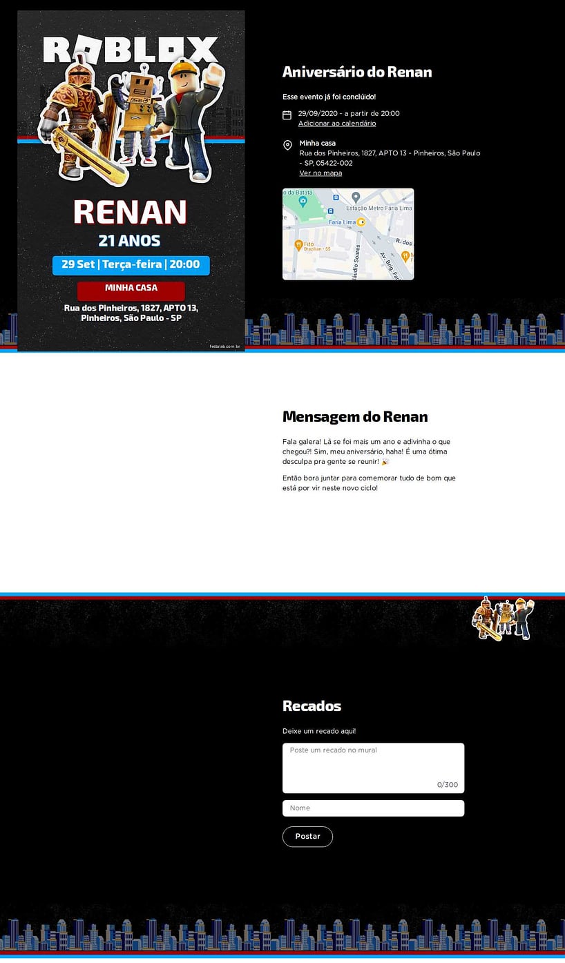 Convite online de aniversário - Roblox Preto| FestaLab