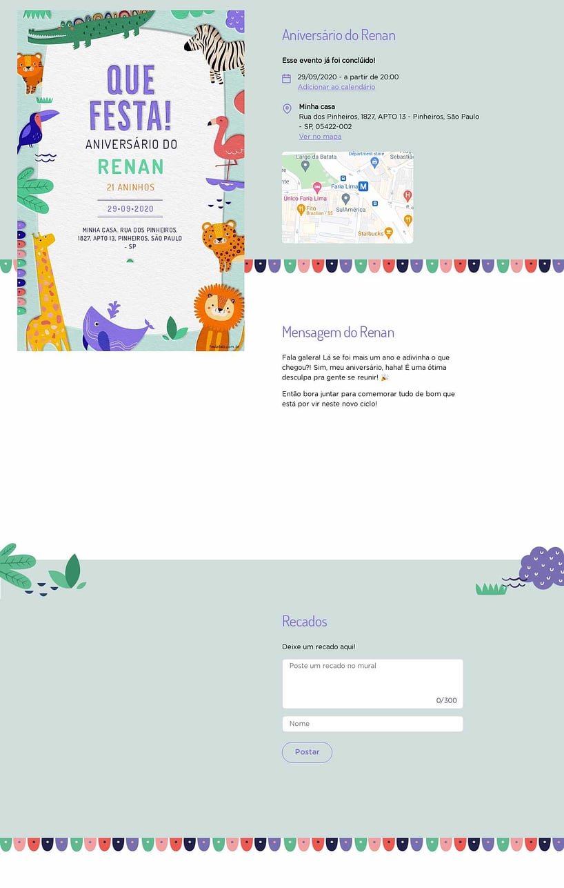 Convite online de aniversário - Safari Baby Colorido com Roxo| FestaLab