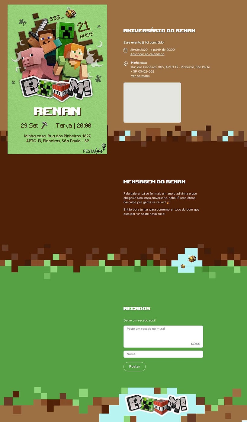 Convite online de aniversário - Steve e Alex: Minecraft| FestaLab