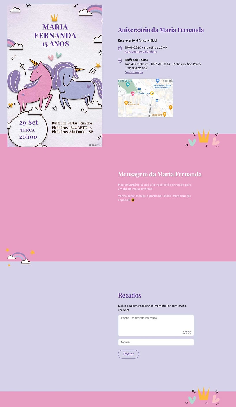 Convite online de aniversário - Unicornio Lilás| FestaLab