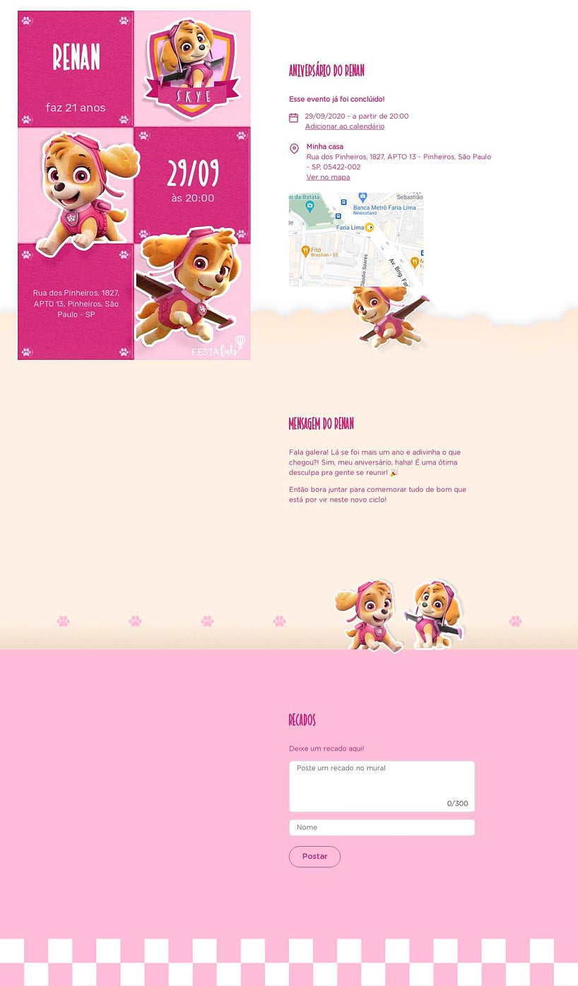 Convite online de aniversário - Voe com Skye| FestaLab