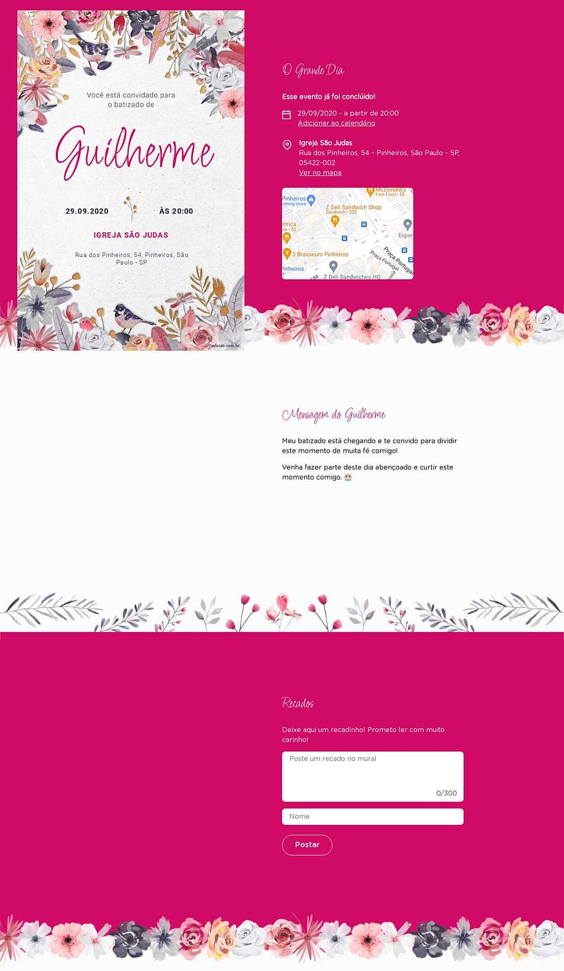 Convite Online Batizado - Jardim rosa em comunhão | FestaLab