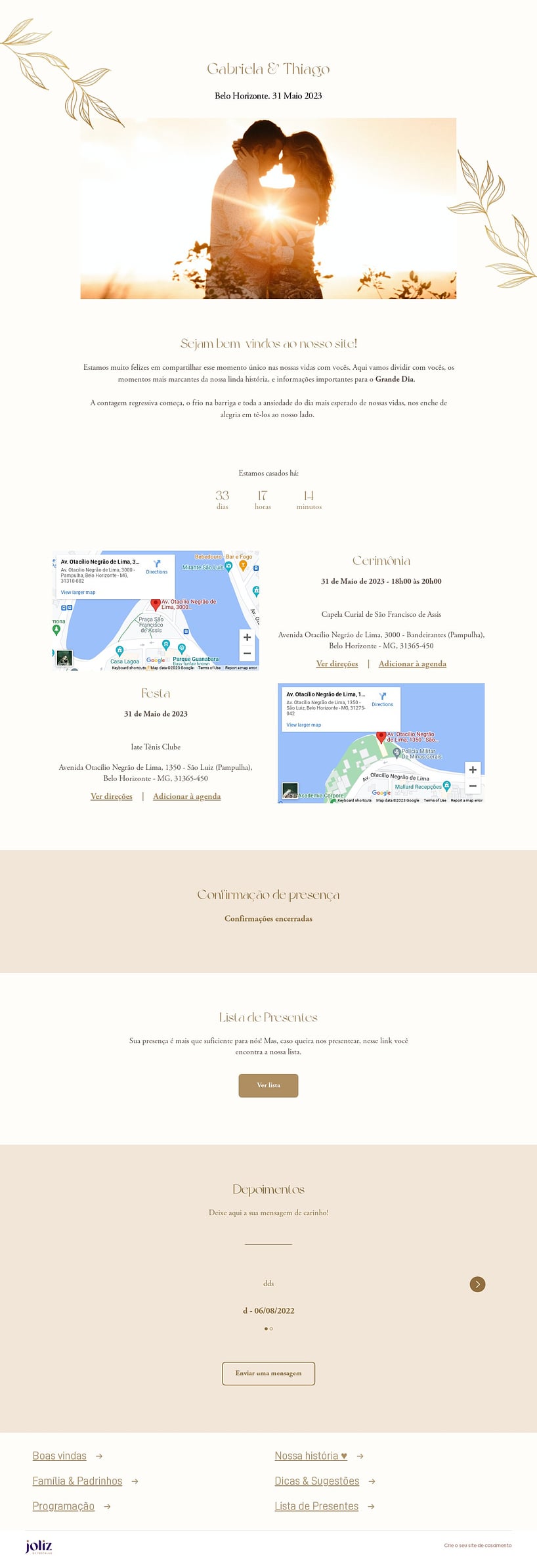Crie seu site de Casamento - Folhagem Chique Dourado| FestaLab