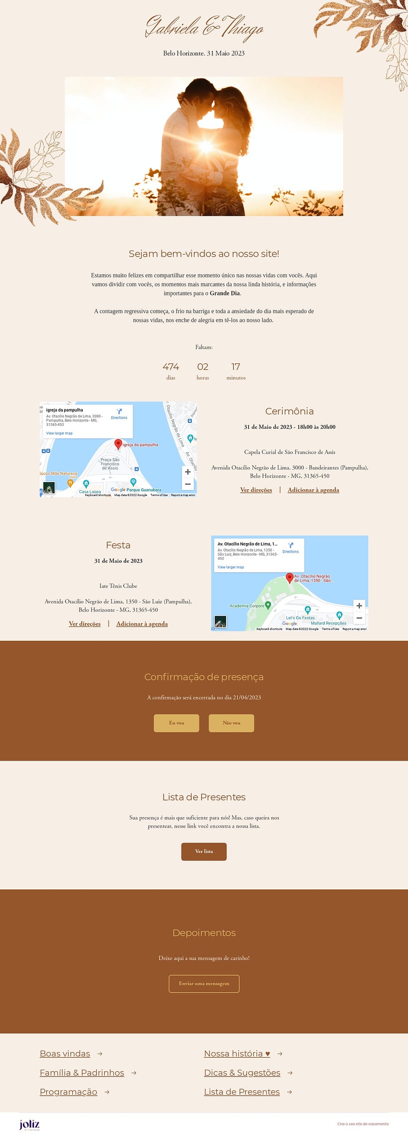Crie seu site de Casamento - Folhas minimalistas dourado| FestaLab