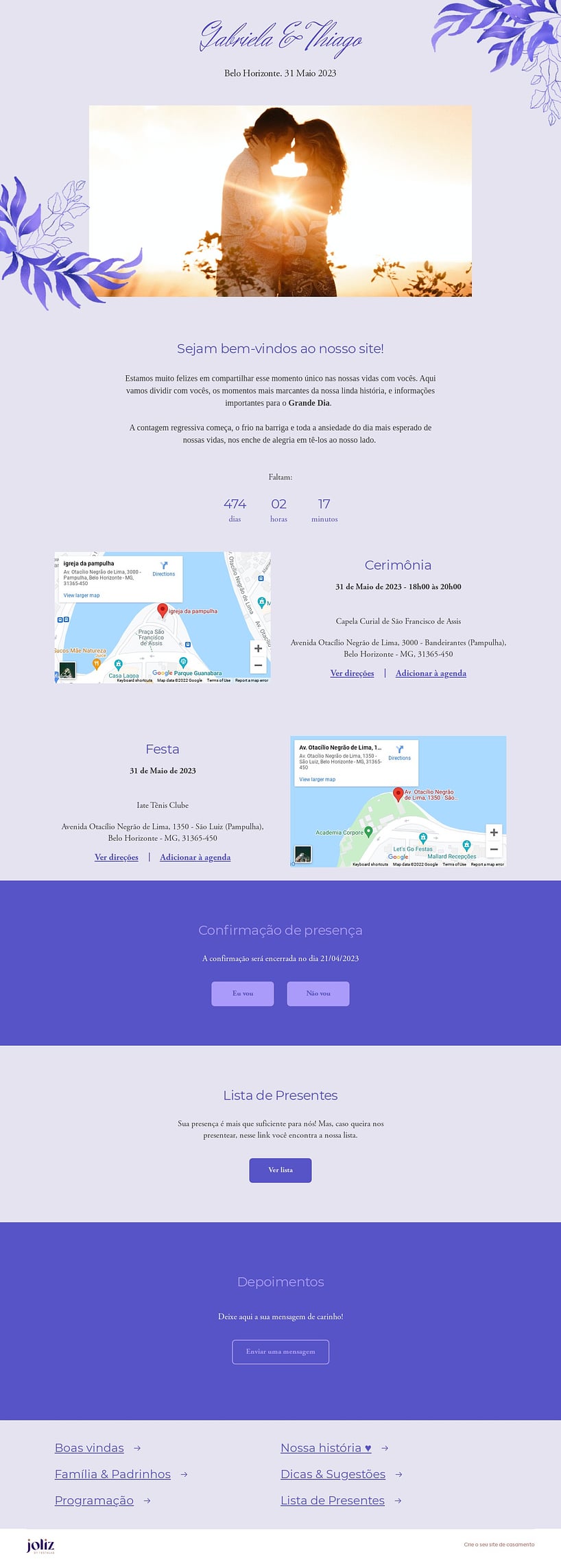 Crie seu site de Casamento - Folhas minimalistas lilás| FestaLab