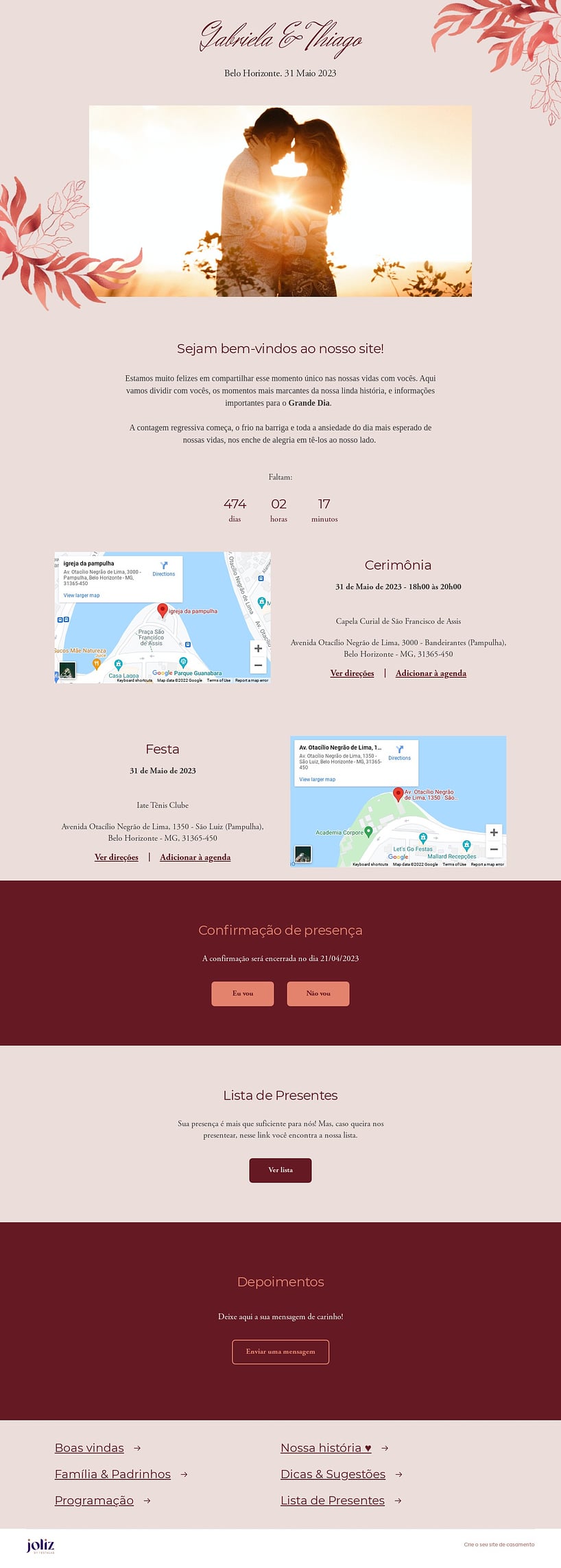 Crie seu site de Casamento - Folhas minimalistas vermelho| FestaLab