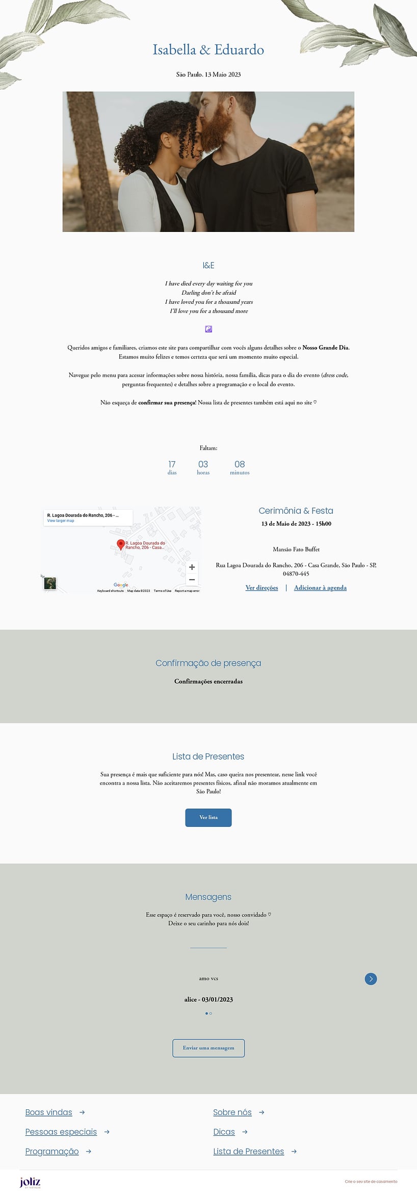 Crie seu site de Casamento - Moldura de Folhagem azul| FestaLab