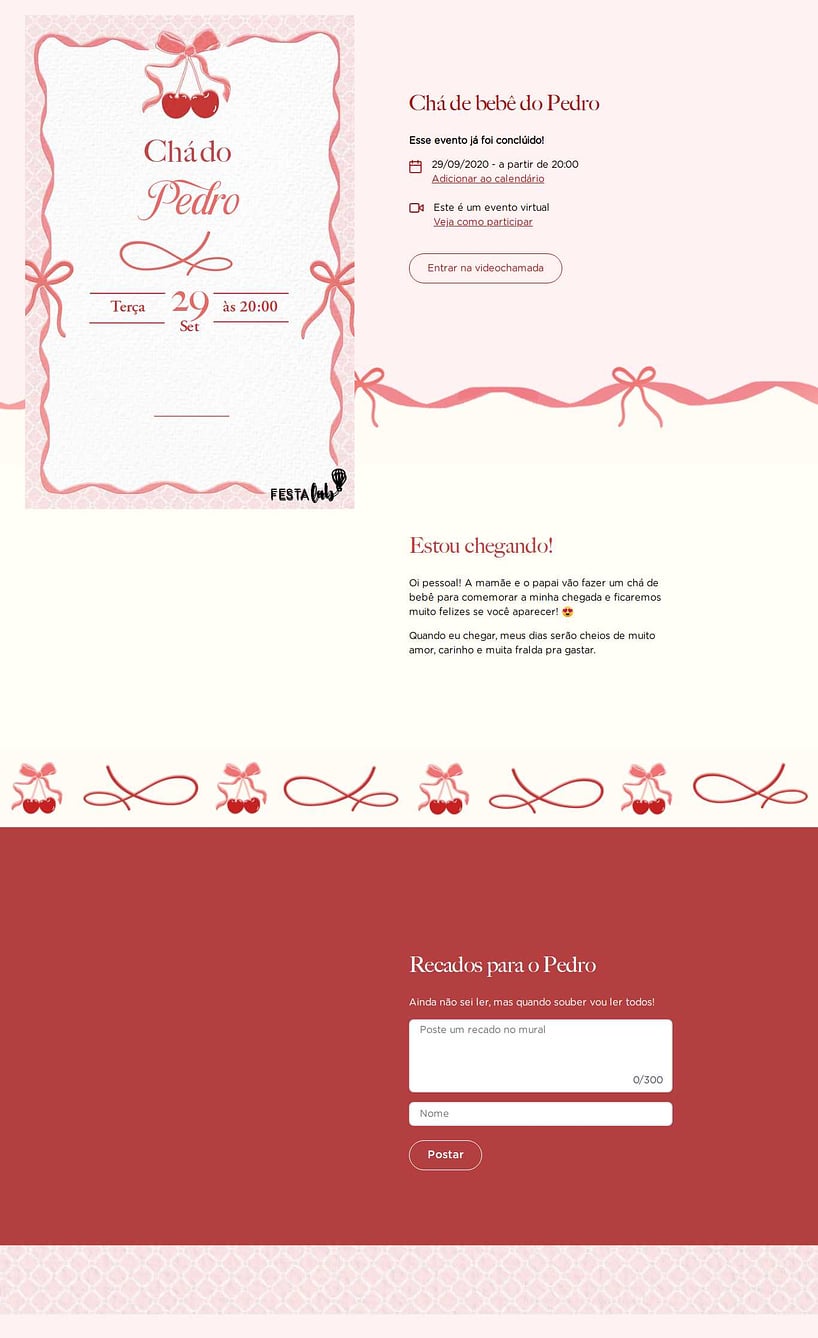 Convite Online Chá de bebê - Cereja com laço | FestaLab
