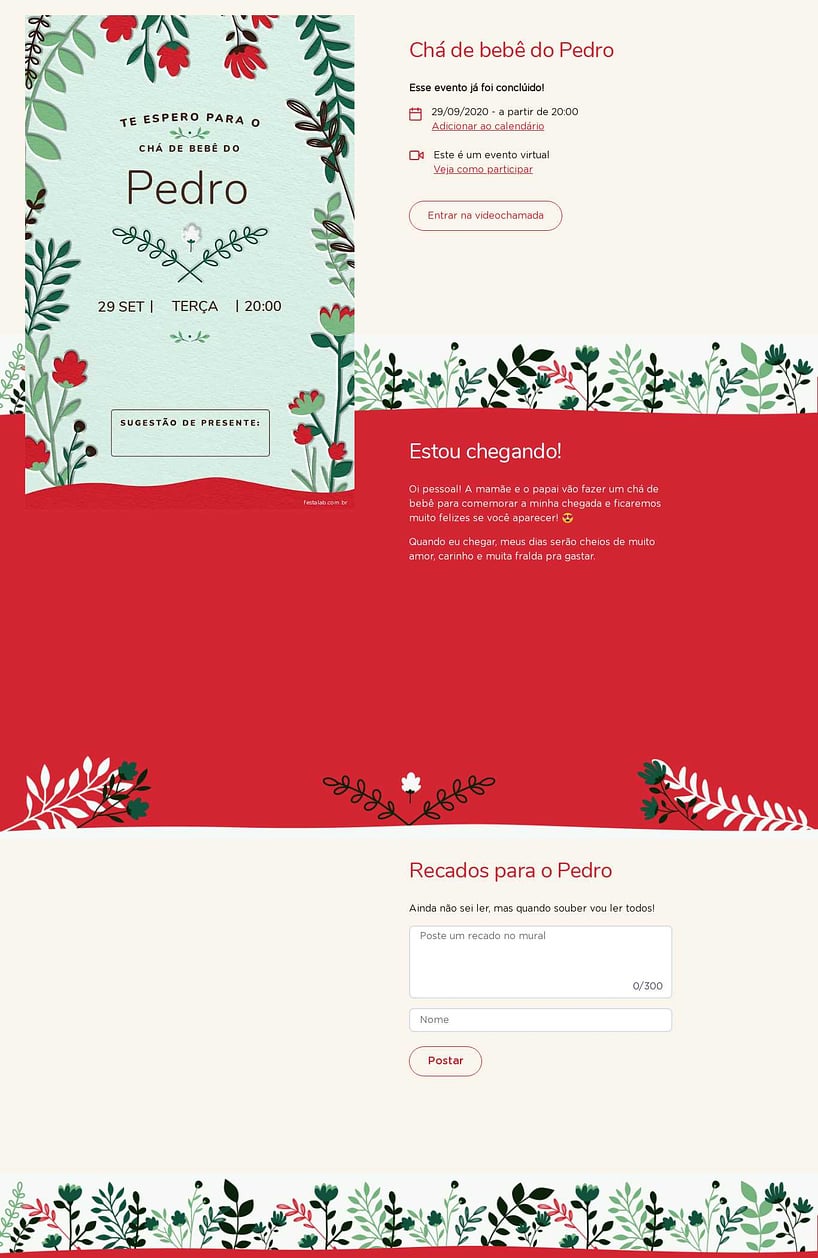 Convite Online Chá de bebê - Floral verde e vermelho | FestaLab