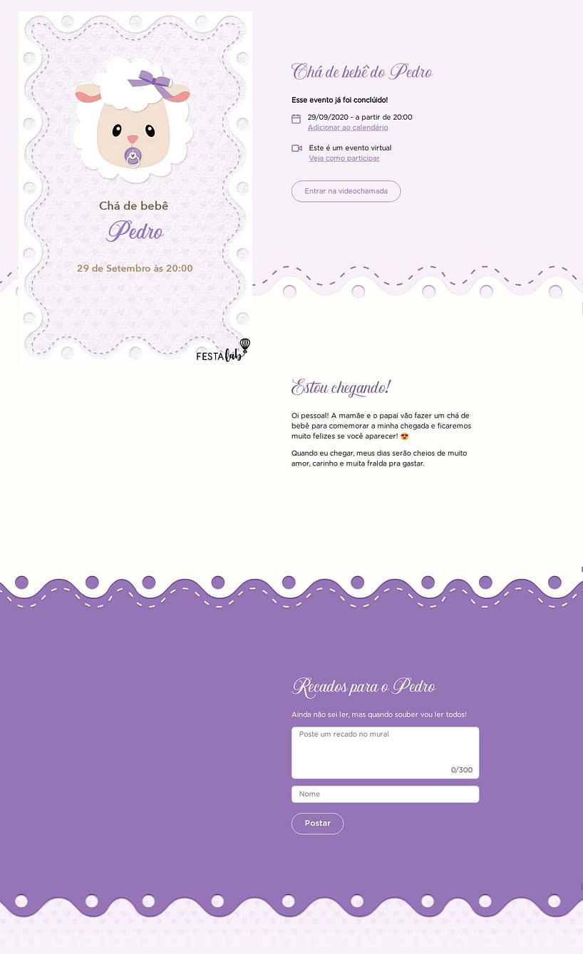 Convite Online Chá de bebê - Ovelinha Lilas | FestaLab