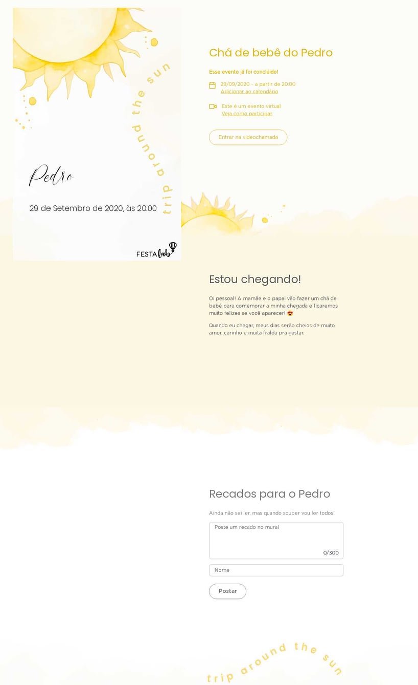 Convite Online Chá de bebê - Raio de Sol | FestaLab