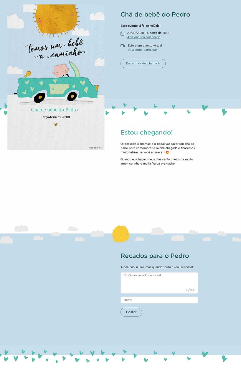Convite Online Chá de bebê - Solzinho Azul e Aquarela | FestaLab