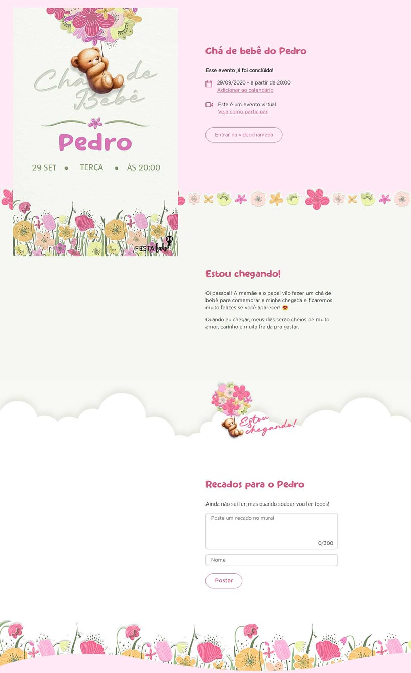 Convite Online Chá de bebê - Ursinho Florido | FestaLab