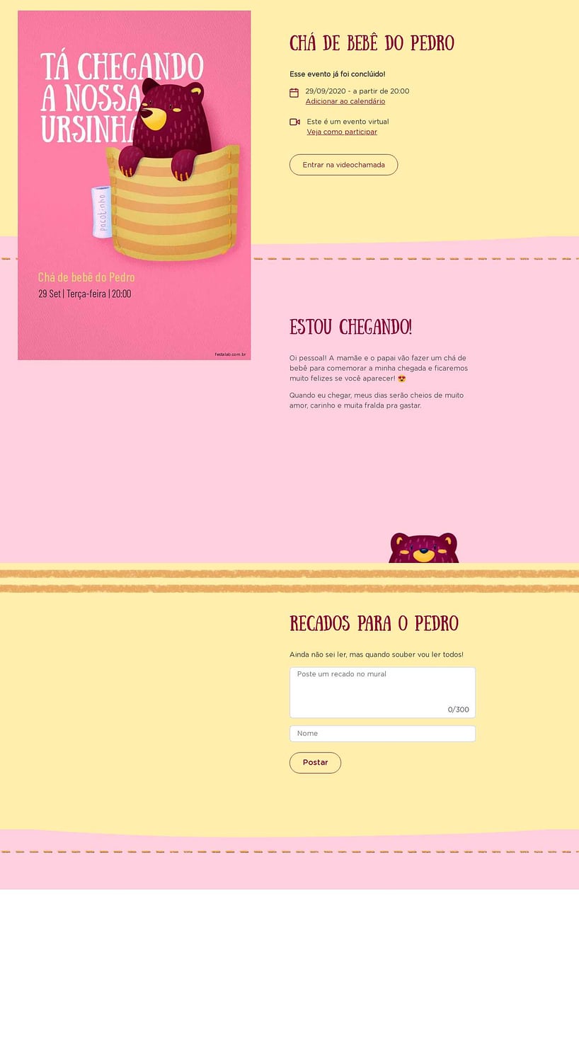 Convite Online Chá de bebê - Ursinho no Bolsinho Amarelo | FestaLab