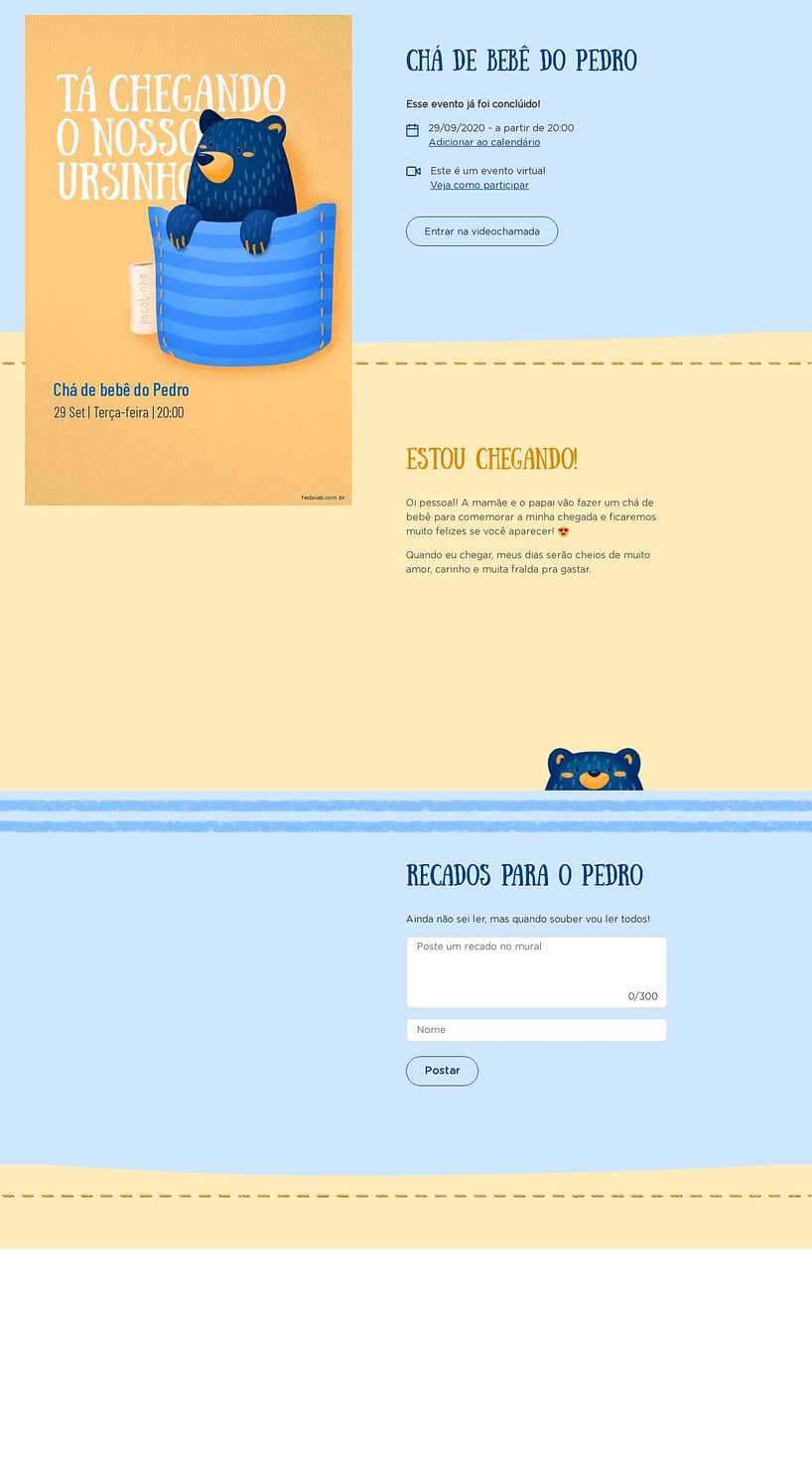 Convite Online Chá de bebê - Ursinho no Bolsinho azul | FestaLab
