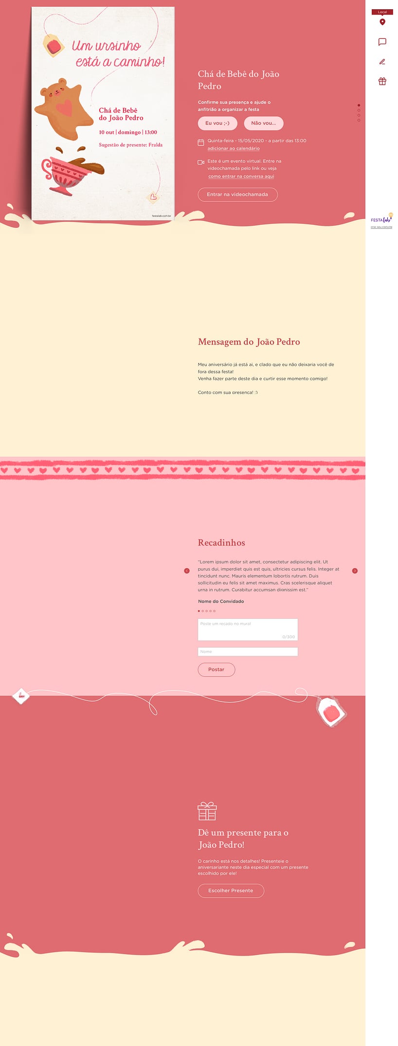 Convite Online Chá de fraldas - Chá do Ursinho Rosa | FestaLab