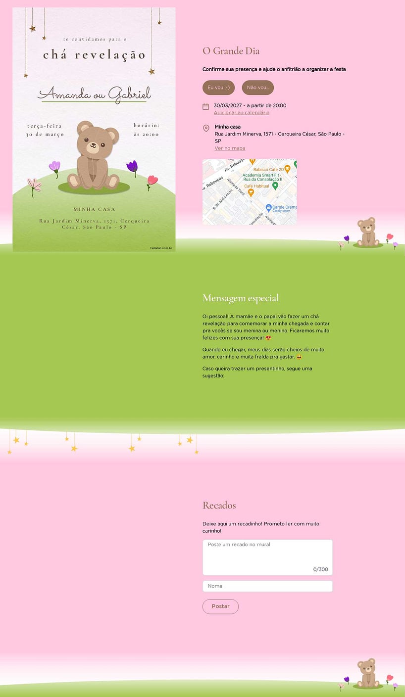 Convite Online Chá revelação - Urso rosa | FestaLab