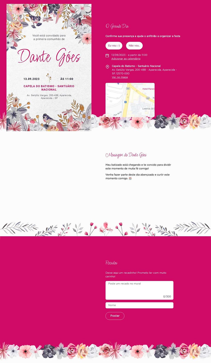 Convite Online Primeira comunhão - Jardim rosa em comunhão | FestaLab